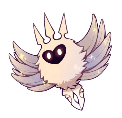 1other chibi commentary crown hollow_knight lowres no_humans radiance_(hollow_knight) simple_background solo sparkle ugly_cat white_background wings