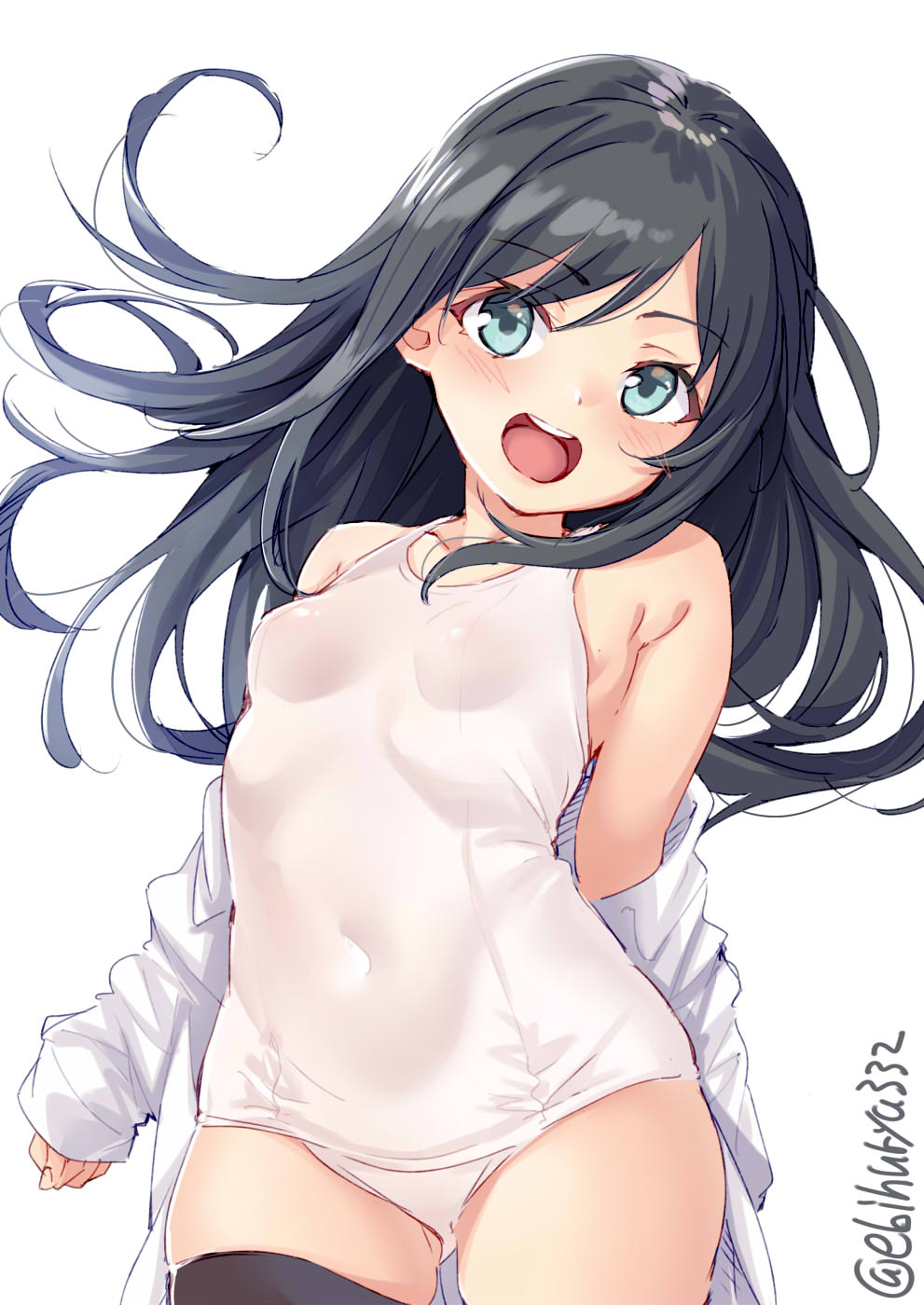 1girl :d aqua_eyes arms_behind_back asashio_(kantai_collection) black_hair black_legwear blue_eyes blush breasts collarbone covered_navel cowboy_shot ebifurya eyebrows_visible_through_hair floating_hair highres jacket kantai_collection long_hair one-piece_swimsuit open_mouth revision round_teeth school_swimsuit shirt simple_background sleeves_past_wrists small_breasts smile solo swimsuit teeth thigh-highs twitter_username white_background white_jacket white_school_swimsuit white_shirt white_swimsuit