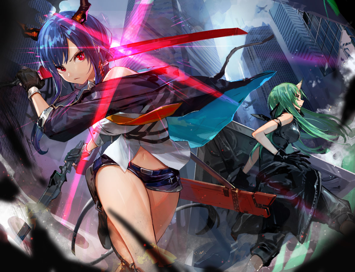 2girls arknights arm_ribbon arm_scarf bare_shoulders black_shorts building ch'en_(arknights) city cityscape closed_mouth clothes_around_waist commentary_request dragon_horns dragon_tail dual_wielding fighting fingerless_gloves from_below gloves glowing glowing_sword glowing_weapon green_hair holding holding_shield horn horns hoshiguma_(arknights) jacket_around_waist multicolored_neckwear multiple_girls multiple_swords navel neckwear nima_(niru54) oni_horn oni_horns outdoors ribbon sheath shield shin_guards short_shorts shorts skin-covered_horns sky skyscraper tail thighs weapon
