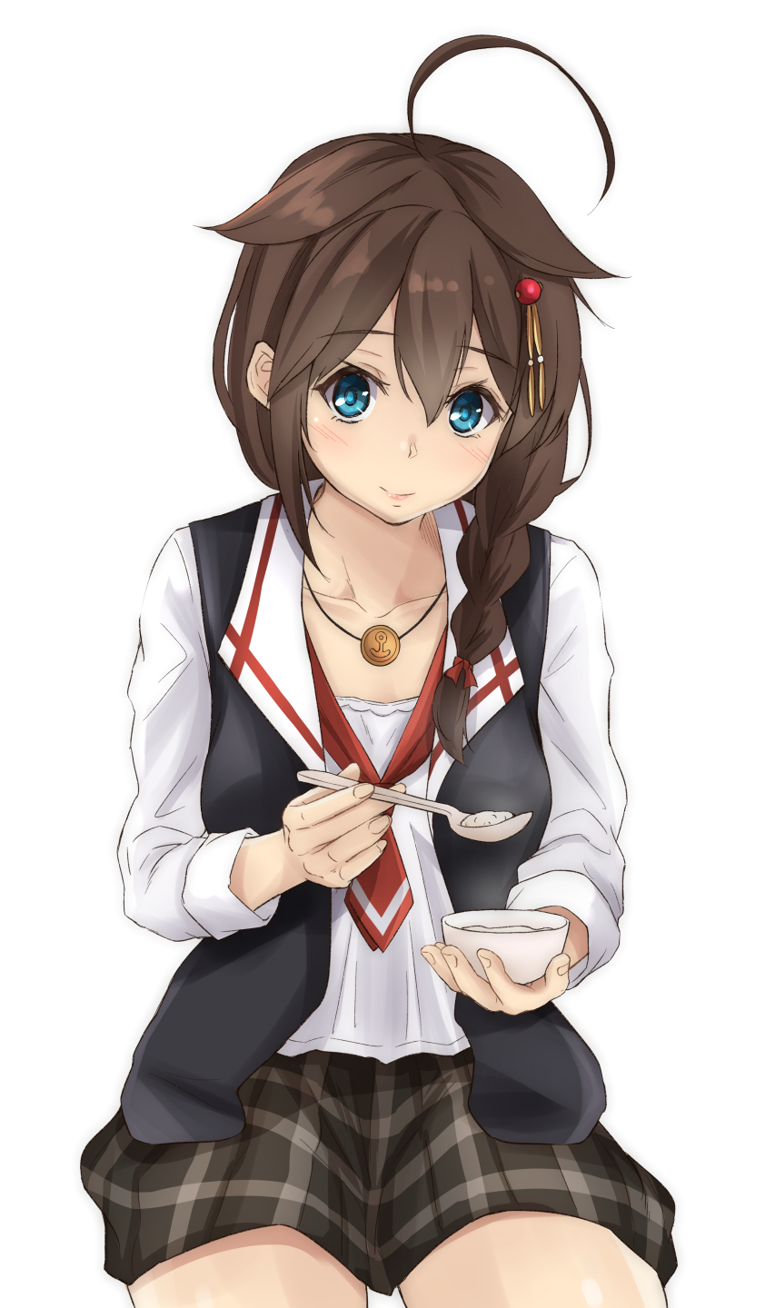 1girl ahoge alternate_costume black_skirt black_vest blue_eyes bowl braid brown_hair casual eyebrows_visible_through_hair hair_between_eyes hair_flaps hair_ornament hair_over_shoulder highres holding holding_bowl holding_spoon jewelry kantai_collection long_hair long_sleeves looking_at_viewer necklace necktie plaid plaid_skirt red_neckwear remodel_(kantai_collection) rice_porridge shigure_(kantai_collection) shirt simple_background single_braid sitting skirt smile solo spoon timato vest white_background white_shirt