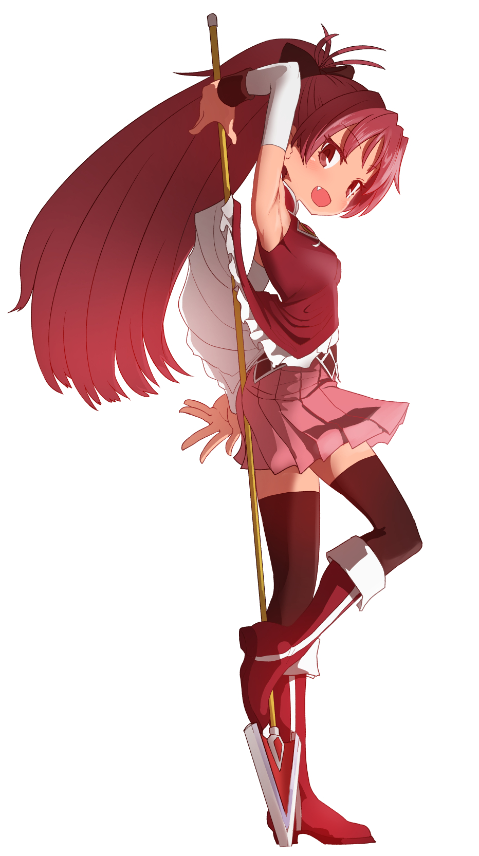 1girl :d arm_up armpits black_legwear boots bow breasts brown_eyes contrapposto detached_sleeves fang from_side full_body hair_bow highres impossible_clothes impossible_shirt knee_boots looking_at_viewer mahou_shoujo_madoka_magica miniskirt open_mouth pink_skirt pleated_skirt polearm ponytail red_footwear redhead sakura_kyouko shirt simple_background skirt small_breasts smile solo standing sumiyao_(amam) thigh-highs weapon white_background zettai_ryouiki