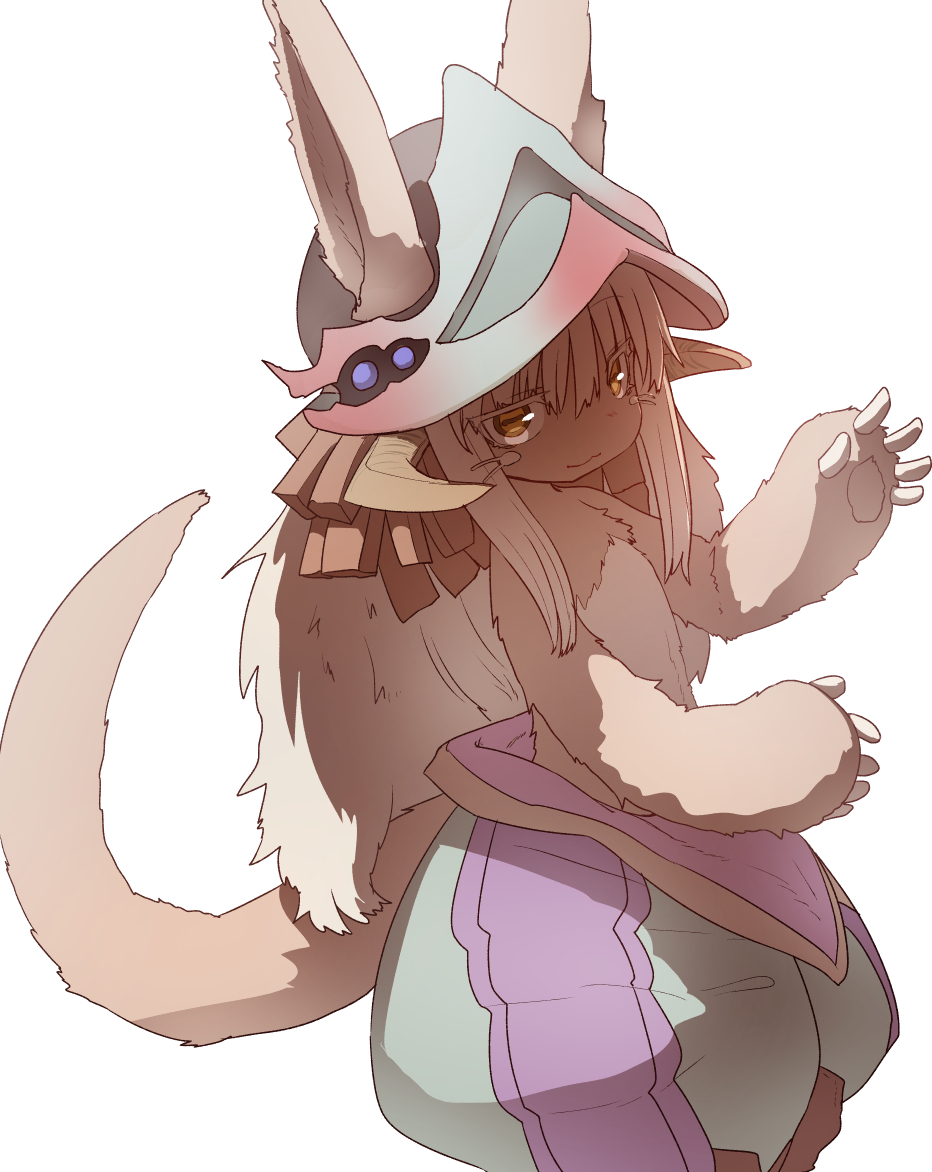 1other dutch_angle ears_through_headwear eyebrows_visible_through_hair from_side furry grey_hair hat horizontal_pupils horns looking_at_viewer looking_to_the_side made_in_abyss nanachi_(made_in_abyss) paws puffy_pants short_hair_with_long_locks sidelocks simple_background solo sumiyao_(amam) tail whiskers white_background yellow_eyes