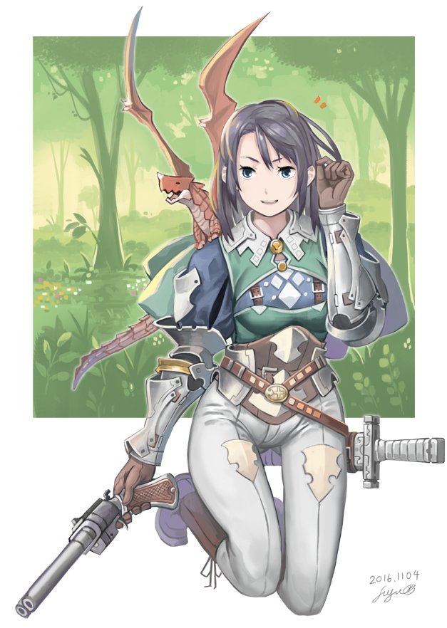 1girl ass_visible_through_thighs belt blue_eyes bracer brown_gloves dated double-barreled_shotgun dragon forest gloves grey_hair gun hair_tucking hand_up holding holding_gun holding_weapon kneeling nagi_itsuki nature original pants sawed-off_shotgun scabbard sheath shoes shotgun signature smile solo suspenders sword thigh_gap tree weapon white_pants