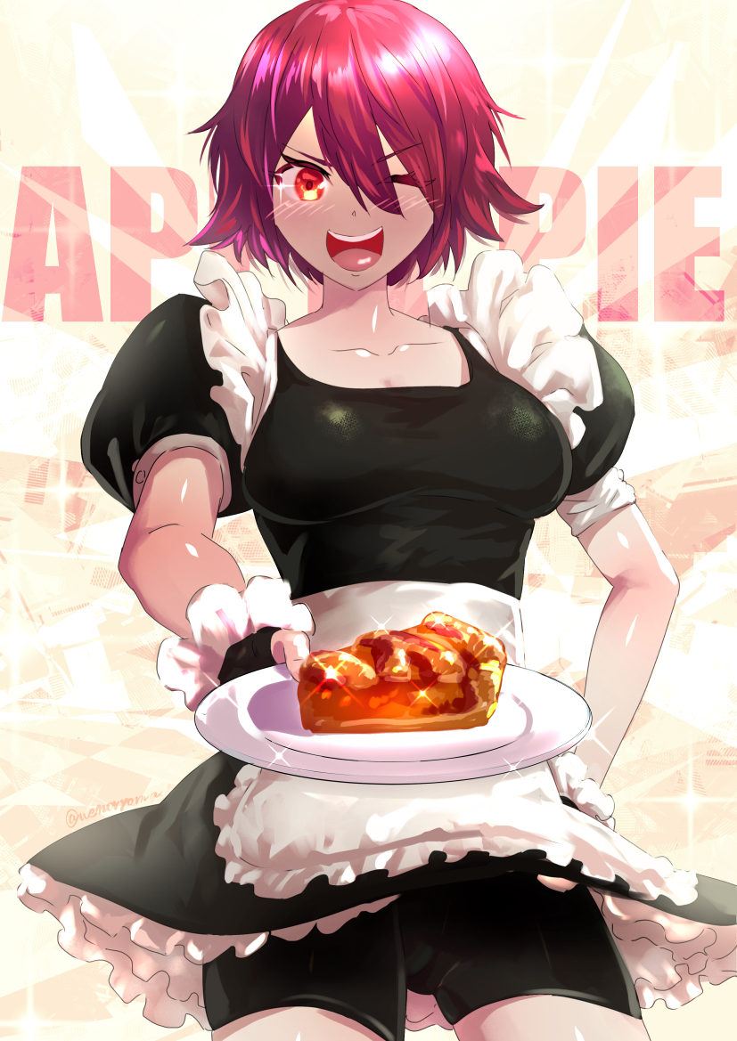 1girl ;d abstract_background alternate_costume apple_pie apron arknights bangs bike_shorts black_dress black_gloves black_shorts blush breasts collarbone commentary_request cowboy_shot detached_wings dress energy_wings english_text enmaided exusiai_(arknights) eyebrows_visible_through_hair fingerless_gloves frilled_apron frilled_dress frilled_gloves frills gloves glowing glowing_wings hair_between_eyes hand_on_hip holding holding_plate looking_at_viewer maid maid_apron maid_dress medium_breasts one_eye_closed open_mouth plate puffy_short_sleeves puffy_sleeves red_eyes redhead shiny shiny_hair short_hair short_sleeves shorts shorts_under_skirt sidelocks smile solo sparkle standing tongue twitter_username uenoryoma upper_teeth waist_apron wind wind_lift wings