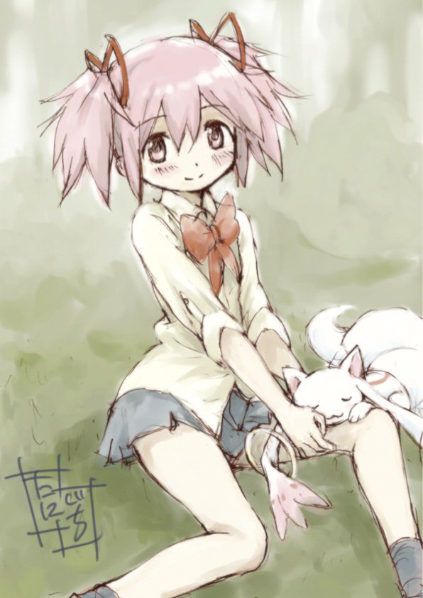 1girl bare_legs black_legwear black_skirt blush closed_mouth collared_shirt commentary_request creature dot_nose eyebrows_visible_through_hair feet_out_of_frame flat_chest gradient gradient_background grey_background hair_between_eyes hair_ribbon hands_on_own_leg happy kaname_madoka kyubey long_sleeves looking_at_viewer mahou_shoujo_madoka_magica neck_ribbon pink_eyes pink_hair red_ribbon ribbon school_uniform shiny shiny_hair shirt short_twintails sidelocks signature simple_background sitting skirt sleeping sleeping_on_person smile socks solo spread_legs taniguchi_jun'ichirou thighs twintails uniform