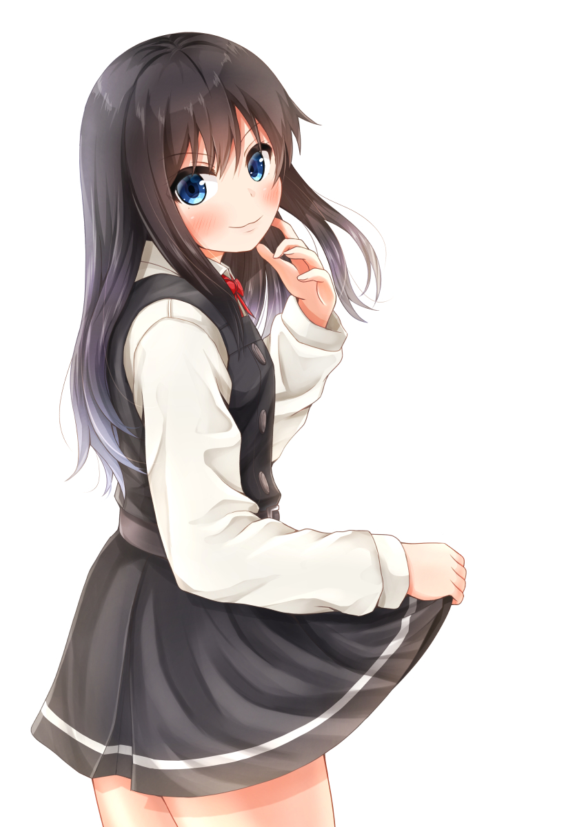 1girl :3 asashio_(kantai_collection) bangs black_dress black_hair blue_eyes blush buttons comiching commentary_request cowboy_shot dress from_side hand_up highres kantai_collection long_hair long_sleeves looking_at_viewer looking_to_the_side neck_ribbon pinafore_dress red_neckwear red_ribbon remodel_(kantai_collection) ribbon shirt simple_background skirt_hold solo white_background white_shirt