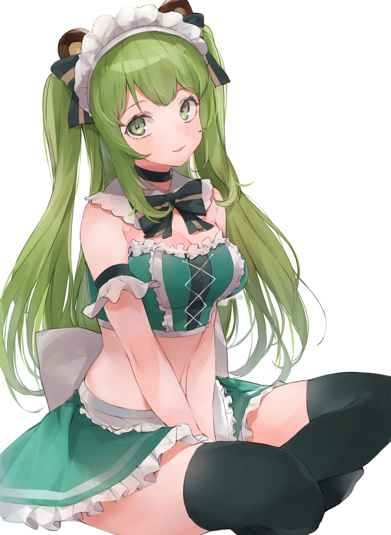 1girl animal_ear_fluff animal_ears animare bangs bear_ears bear_paws black_legwear blush collarbone commentary frilled_skirt frills gloves green_eyes green_hair green_skirt highres hinokuma_ran long_hair looking_at_viewer midriff miniskirt navel open_mouth paw_gloves paws rippootai simple_background sitting skirt smile solo strapless thigh-highs thighs tubetop twintails virtual_youtuber white_background zettai_ryouiki