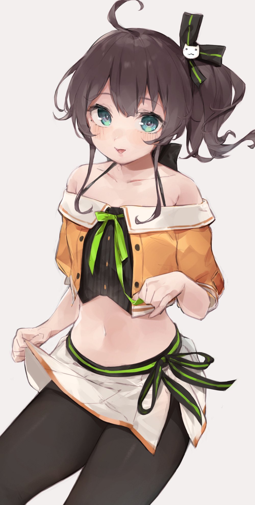 1girl ahoge bangs bare_shoulders black_bow black_legwear blue_eyes blush bow breasts brown_hair collarbone green_neckwear grey_background hair_between_eyes hair_ornament highres hololive lifted_by_self long_hair looking_at_viewer midriff miniskirt natsuiro_matsuri navel open_mouth pantyhose ribbon rippootai side_ponytail simple_background sitting skirt skirt_lift small_breasts smile solo virtual_youtuber white_skirt
