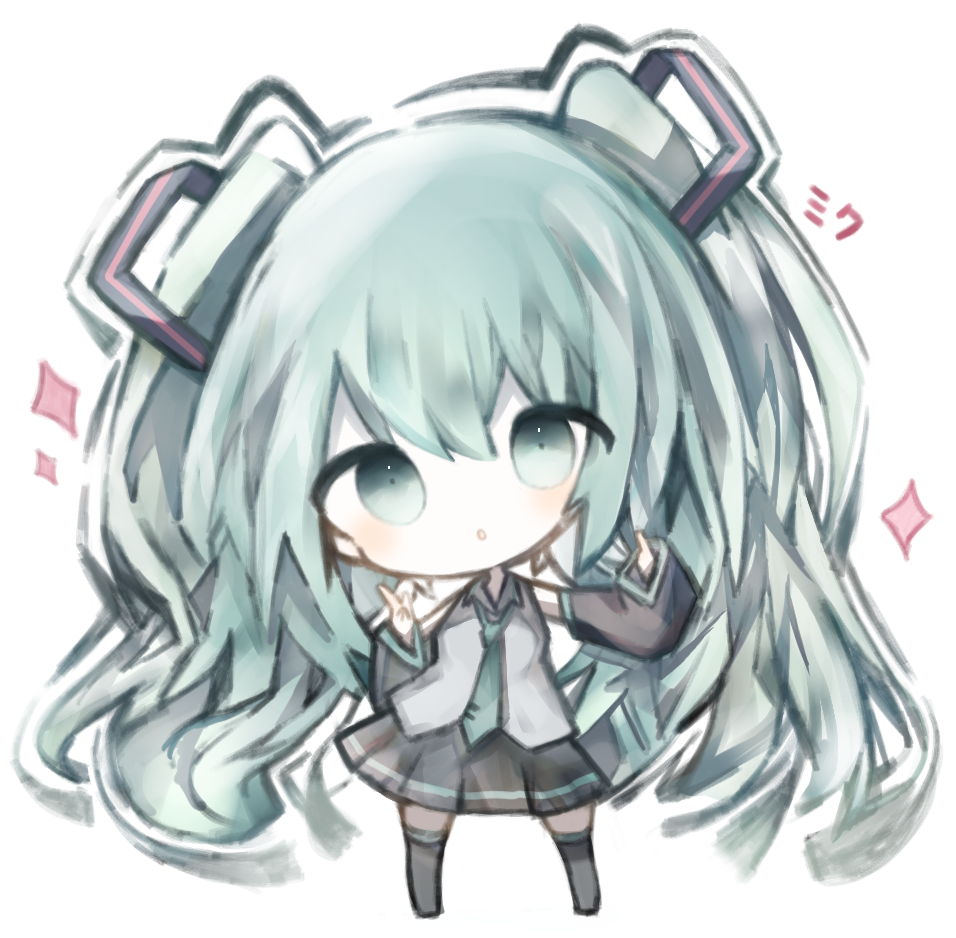 1girl bangs bare_shoulders black_legwear black_skirt black_sleeves blush chibi collared_shirt commentary_request cottontailtokki detached_sleeves full_body green_eyes green_hair green_neckwear grey_shirt hair_between_eyes hair_ornament hatsune_miku index_finger_raised long_sleeves necktie parted_lips pleated_skirt shirt simple_background skirt sleeveless sleeveless_shirt sleeves_past_wrists solo sparkle standing thigh-highs tie_clip twintails vocaloid white_background