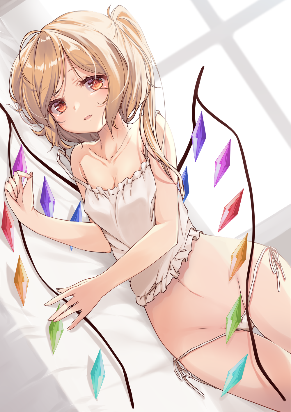 1girl bangs bare_arms bare_shoulders bed blonde_hair blush camisole commentary_request cowboy_shot crystal dutch_angle eyebrows_visible_through_hair flandre_scarlet groin haruki_(colorful_macaron) highres indoors long_hair looking_at_viewer lying navel no_hat no_headwear on_side one_side_up orange_eyes panties parted_lips side-tie_panties solo spaghetti_strap stomach strap_slip thighs touhou underwear white_panties wings