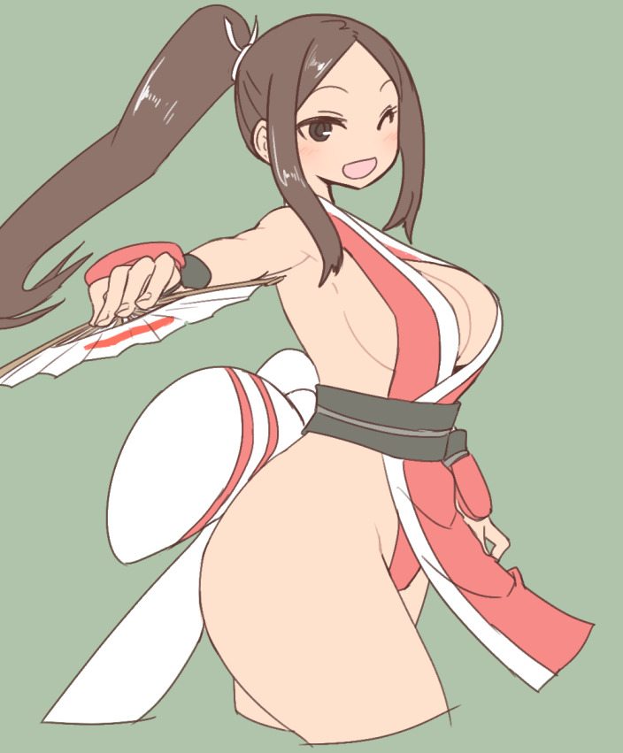 1girl :d back_bow bangs bare_shoulders black_sash blush bow breasts brown_eyes brown_hair cropped_legs fan fatal_fury folding_fan from_side green_background highleg highleg_leotard holding holding_fan large_breasts leotard looking_at_viewer looking_to_the_side no_nose one_eye_closed open_mouth parted_bangs pelvic_curtain ponytail red_leotard sash shiranui_mai sidelocks simple_background smile solo sumiyao_(amam) the_king_of_fighters wristband