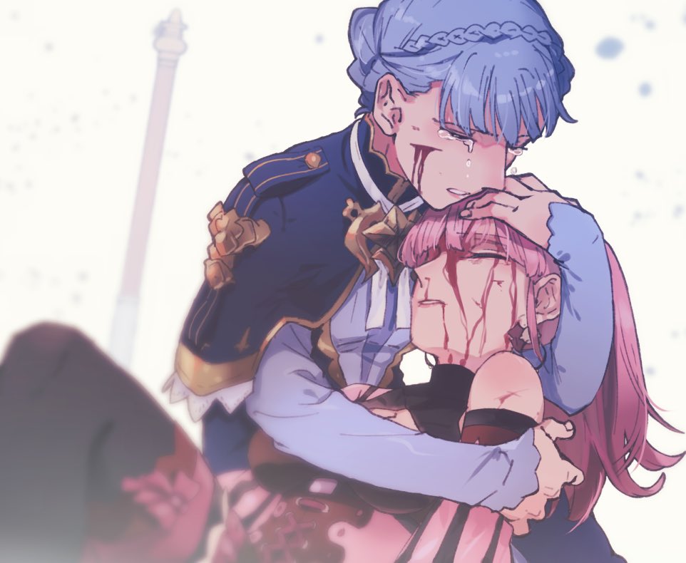 2girls blood blue_hair braid closed_eyes crown_braid crying depressed earrings fire_emblem fire_emblem:_three_houses fire_emblem:_three_houses fire_emblem_16 game_over hilda_valentine_goneril injury intelligent_systems jef_(fe89392148) jewelry long_hair long_sleeves marianne_von_edmund multiple_girls nintendo parted_lips pink_hair ponytail sad thigh-highs