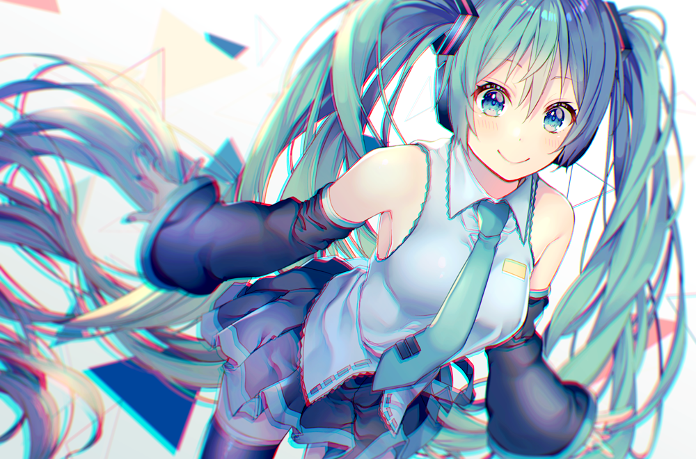 1girl black_legwear black_sleeves blue_eyes blurry blurry_background blush breasts chromatic_aberration closed_mouth collared_shirt commentary_request depth_of_field detached_sleeves green_hair green_neckwear grey_shirt hatsune_miku headphones long_hair long_sleeves looking_at_viewer medium_breasts nail_polish necktie shiomizu_(swat) shirt skirt sleeveless sleeveless_shirt sleeves_past_wrists smile solo standing thigh-highs tie_clip twintails very_long_hair vocaloid wide_sleeves zettai_ryouiki