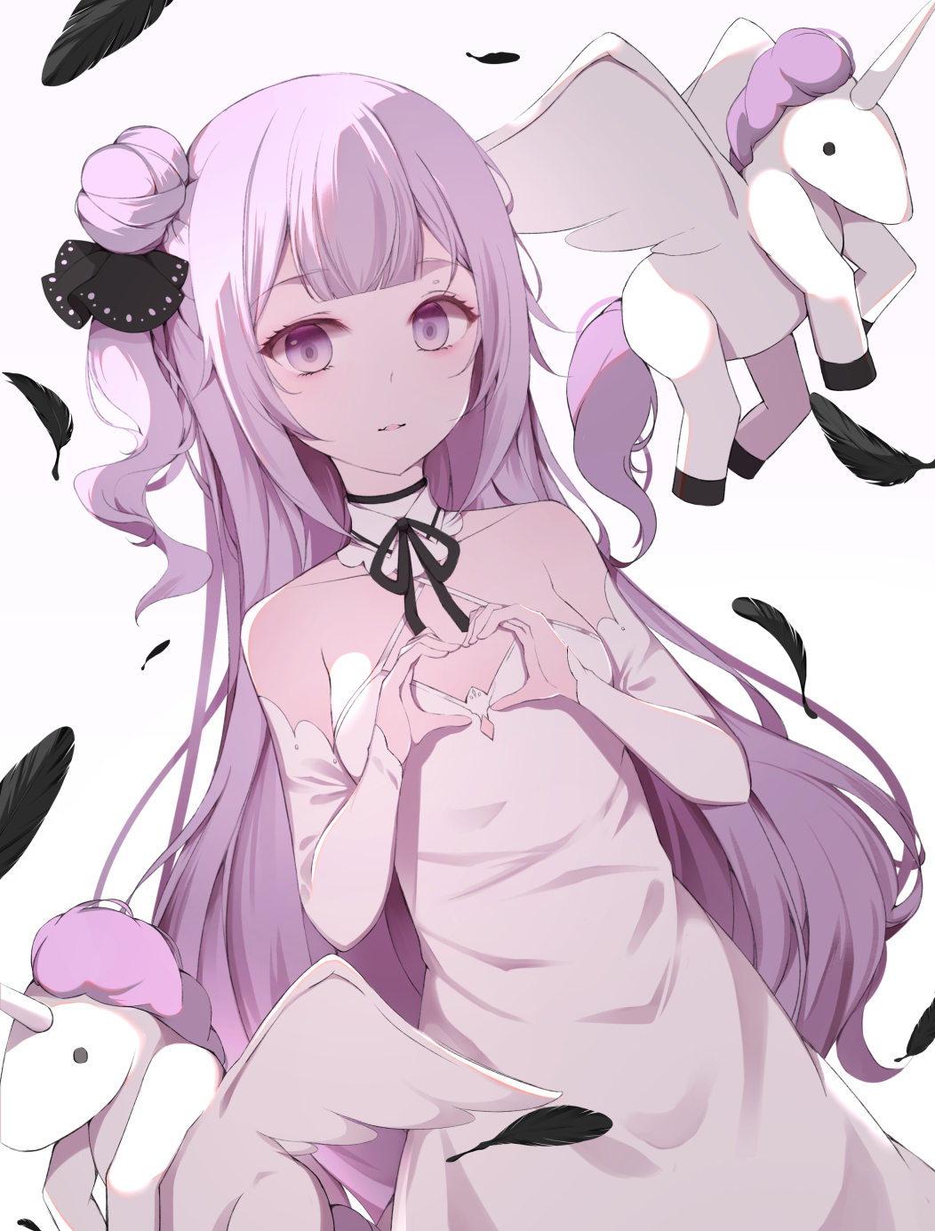 1girl azur_lane bangs black_feathers black_ribbon collarbone dress eyebrows_visible_through_hair feathers hair_ribbon heart heart_hands highres long_hair looking_at_viewer purple_hair raivo_(gjo3su04) ribbon side_bun simple_background solo stuffed_unicorn unicorn_(azur_lane) violet_eyes white_background white_dress