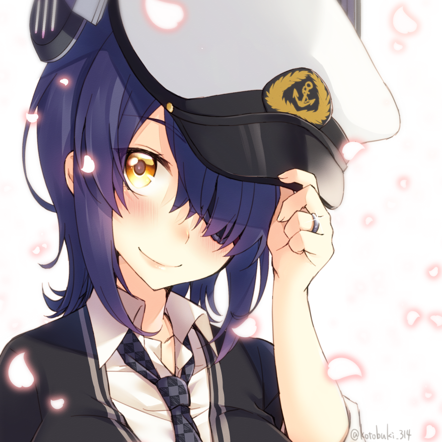 1girl anchor_symbol bangs black_cardigan blush breasts checkered checkered_neckwear cherry_blossoms collarbone collared_shirt commentary_request eyebrows_visible_through_hair eyepatch glint hair_between_eyes hand_up hat headgear holding holding_hat jewelry kantai_collection kotobuki_(momoko_factory) large_breasts looking_at_viewer necktie peaked_cap petals portrait purple_hair ring school_uniform shirt short_hair sidelocks simple_background sleeves_rolled_up smile solo tenryuu_(kantai_collection) twitter_username wedding_ring white_background white_headwear white_shirt yellow_eyes