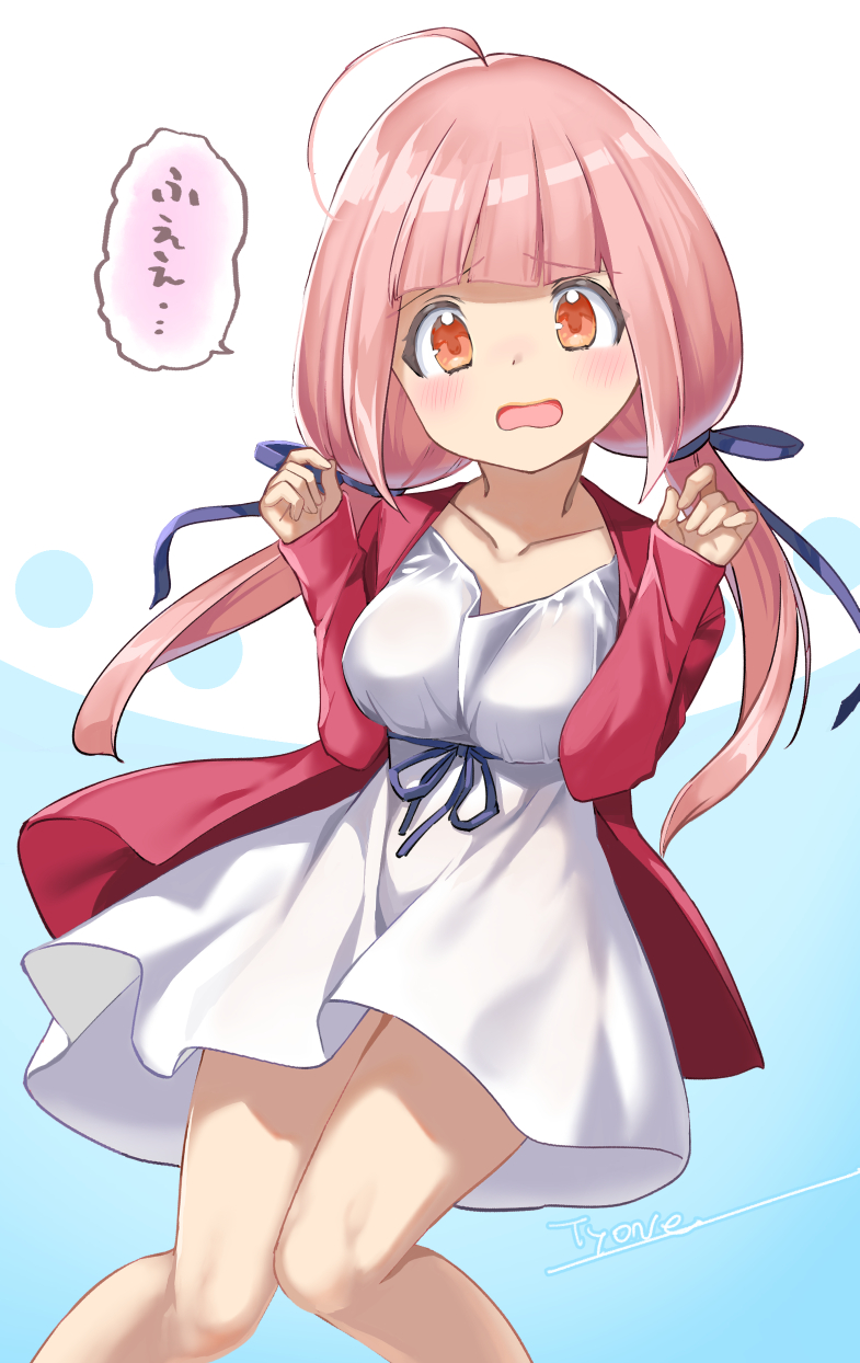 1girl artist_name bangs blue_ribbon blush breasts collarbone commentary_request dress eyebrows_visible_through_hair hair_ribbon highres jacket long_hair looking_at_viewer manga_time_kirara medium_breasts open_mouth pink_hair red_eyes red_jacket ribbon solo translated tyone white_dress