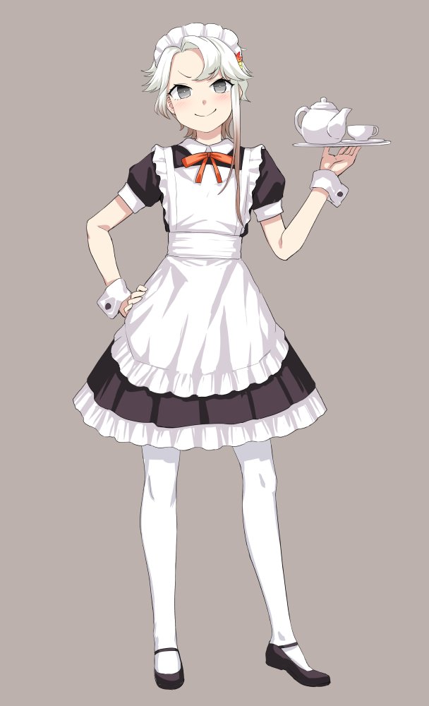 1girl akishimo_(kantai_collection) alternate_costume apron asymmetrical_bangs asymmetrical_hair bangs black_dress black_footwear blush brown_hair cup dress enmaided eyebrows_visible_through_hair frilled_dress frills gradient_hair grey_background grey_eyes hair_ornament hand_on_hip kantai_collection kumadano leaf_hair_ornament maid maid_headdress multicolored_hair neck_ribbon orange_neckwear pantyhose ribbon short_sleeves silver_hair simple_background smile solo teacup teapot tray white_apron white_legwear wrist_cuffs