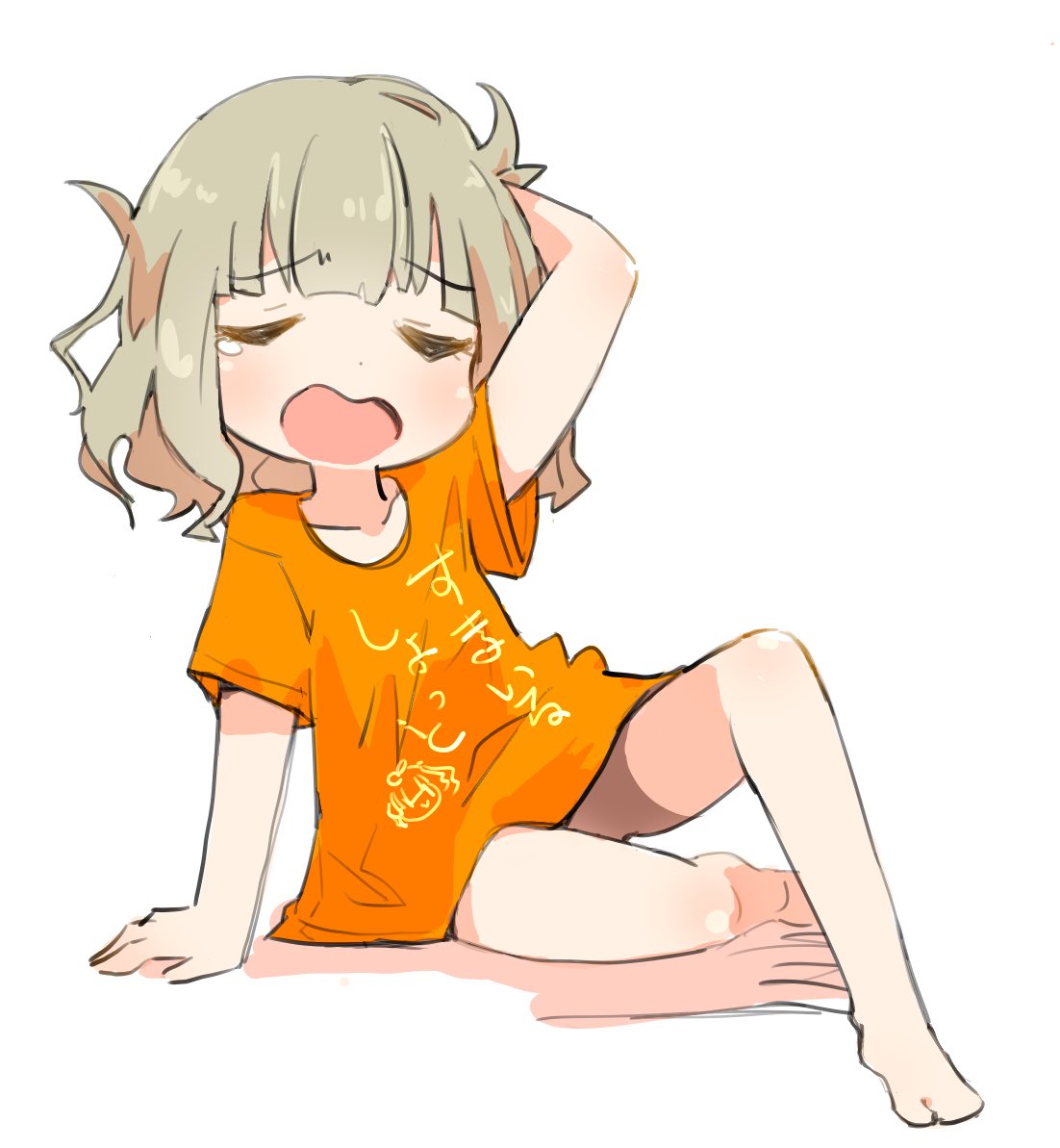 1girl arm_support bangs barefoot blunt_bangs closed_eyes green_hair lying on_side orange_shirt original shirt short_hair sketch utsubo_(utb) white_background yawning