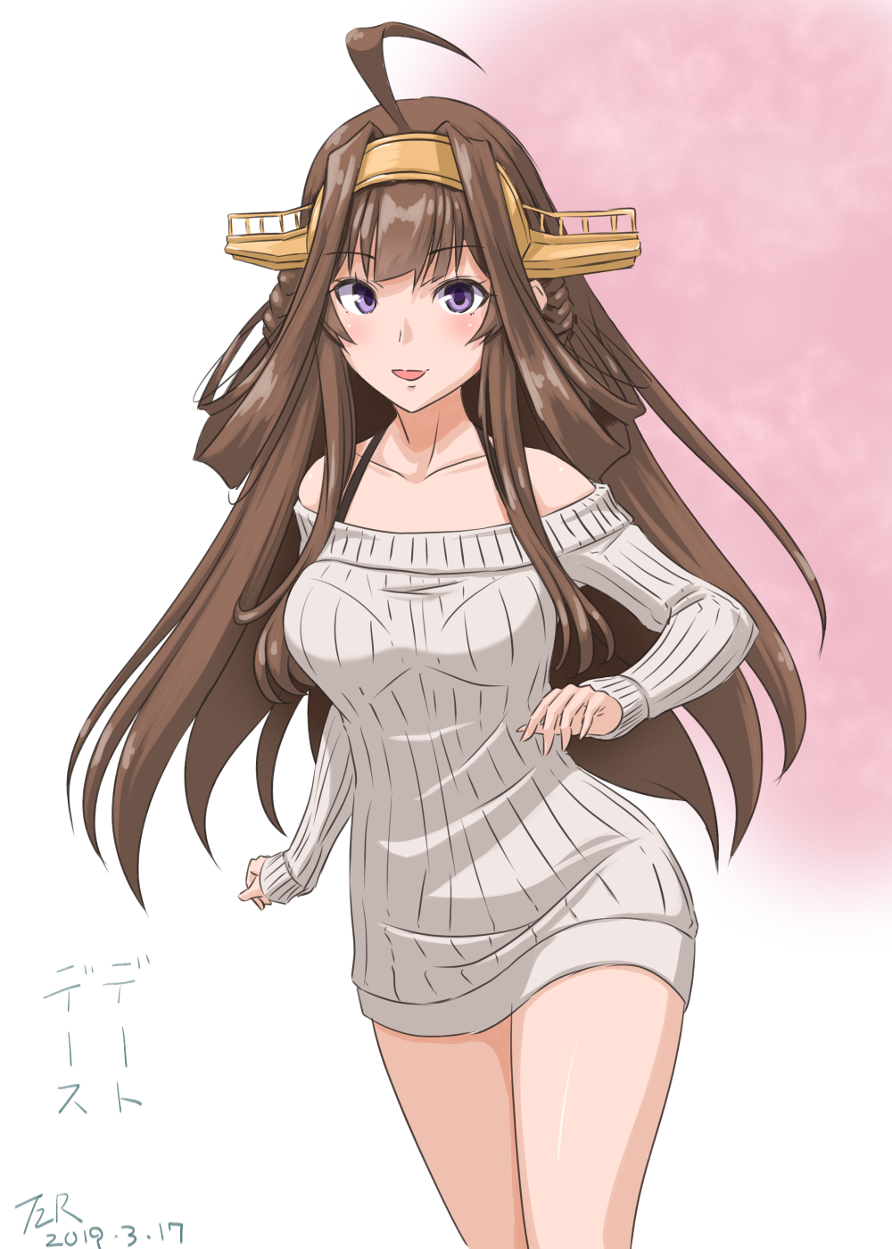 1girl ahoge alternate_costume bare_shoulders beige_sweater brown_hair cowboy_shot double_bun gradient gradient_background highres kantai_collection kongou_(kantai_collection) long_hair looking_at_viewer pink_background ribbed_sweater smile solo standing sweater t2r violet_eyes white_background