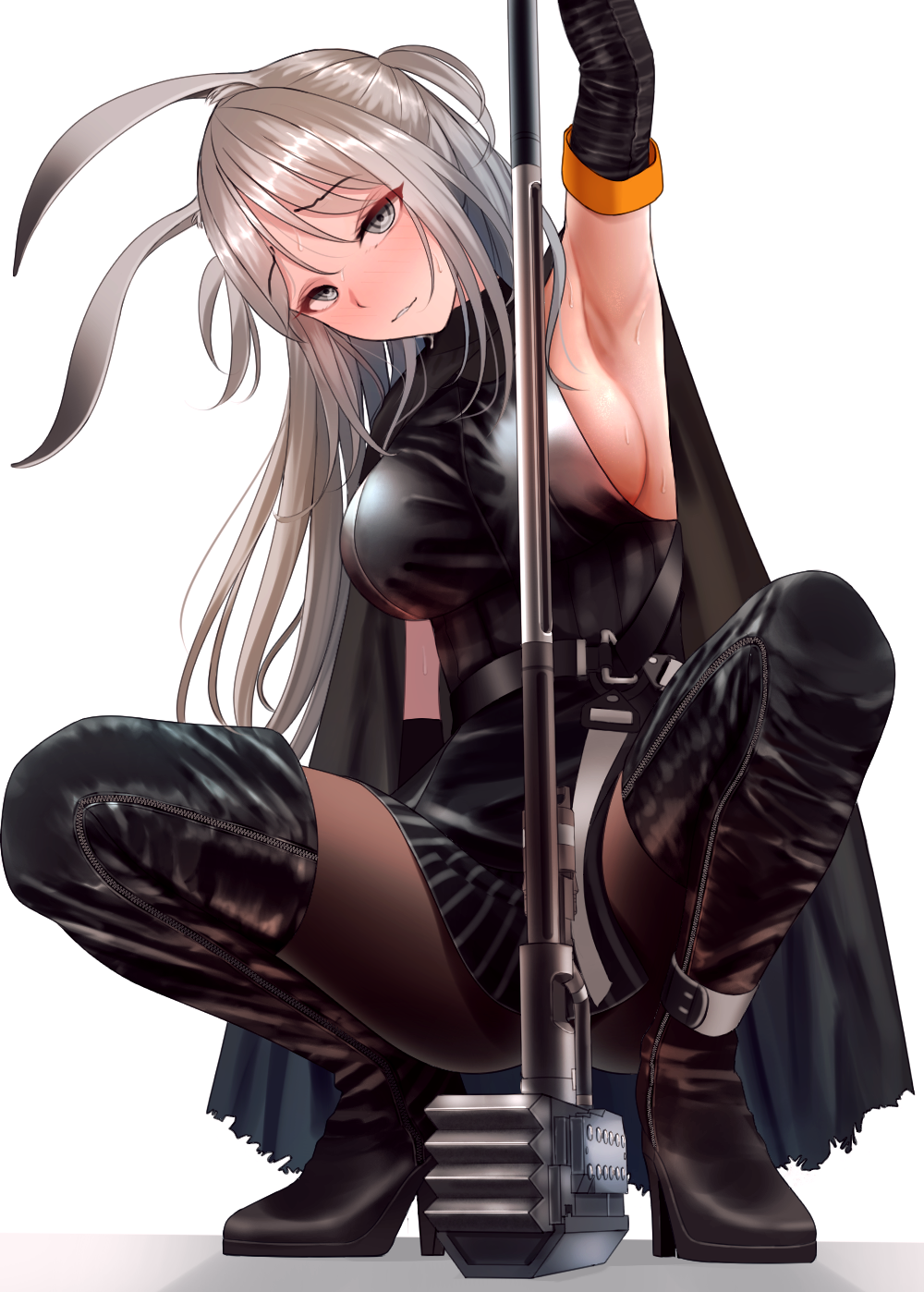 1girl animal_ears arknights arm_up armpits bangs bare_shoulders black_footwear black_legwear boots breasts commentary_request eyebrows_visible_through_hair full_body grey_eyes hammer highres large_breasts long_hair looking_at_viewer pantyhose parted_lips planted_weapon rabbit_ears revision savage_(arknights) sideboob silver_hair simple_background solo squatting sweat testame thigh-highs thigh_boots weapon white_background
