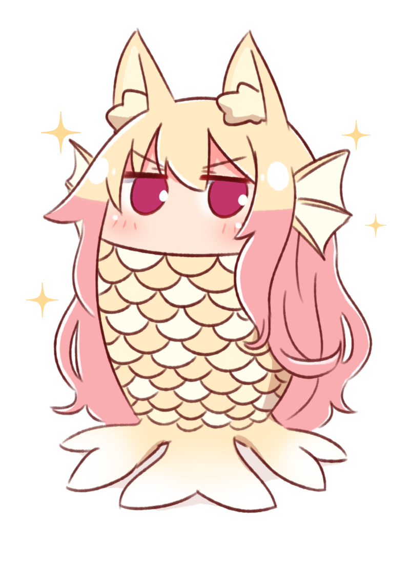 1girl animal_ear_fluff animal_ears bangs blonde_hair blush eyebrows_visible_through_hair fox_ears fox_tail full_body hair_between_eyes head_fins kemomimi-chan_(naga_u) long_hair looking_at_viewer naga_u original red_eyes scales shadow simple_background solo sparkle tail v-shaped_eyebrows very_long_hair white_background