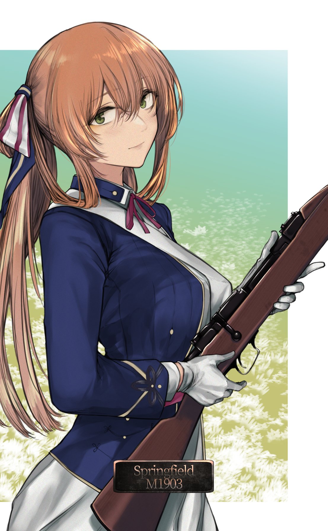 1girl bolt_action character_name commentary girls_frontline gloves green_eyes gun highres kojima_(blue_stardust) light_brown_hair long_hair long_sleeves looking_at_viewer m1903_springfield m1903_springfield_(girls_frontline) military military_uniform neck_ribbon ponytail red_ribbon ribbon rifle uniform weapon white_gloves