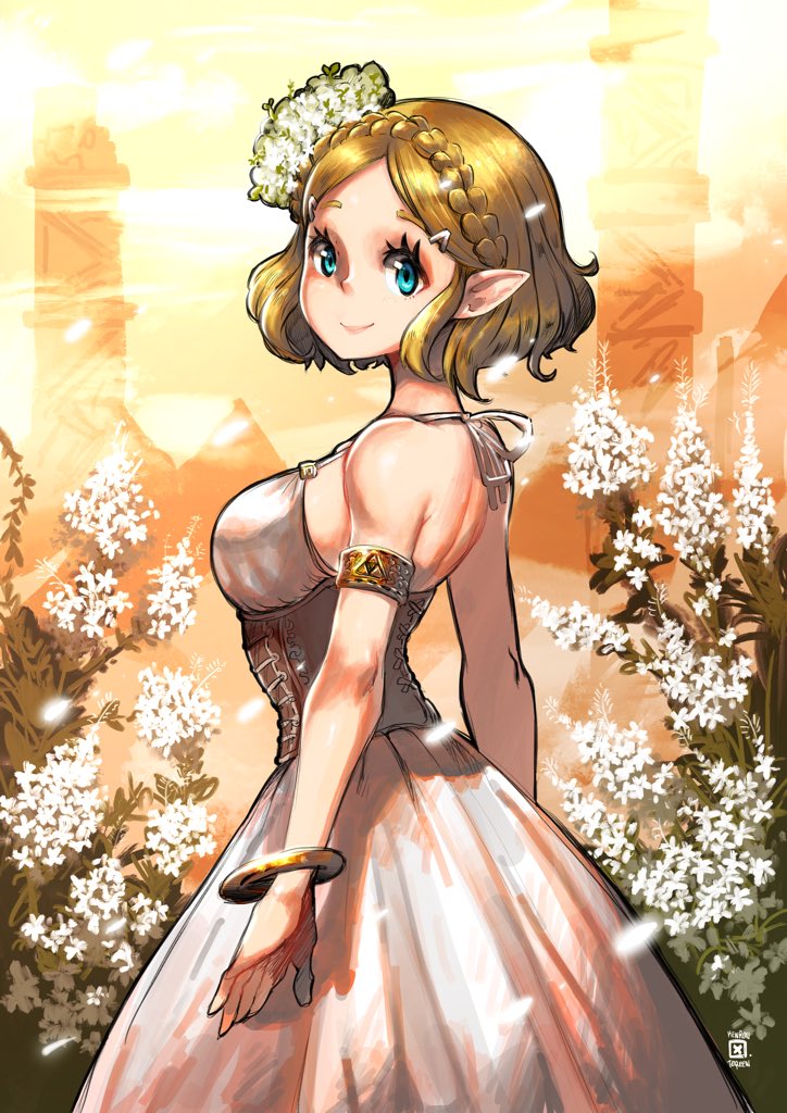 1girl armlet bare_shoulders blonde_hair blue_eyes bracelet braid breasts corset crown_braid dress flower from_side hair_flower hair_ornament halter_dress jewelry kenron_toqueen looking_at_viewer medium_breasts outdoors petals pillar plant pointy_ears princess_zelda short_hair smile solo the_legend_of_zelda the_legend_of_zelda:_breath_of_the_wild white_dress white_flower