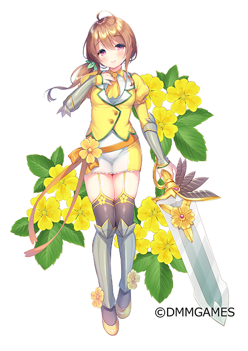 1girl ahoge ascot bangs black_legwear blush breasts brown_hair character_request closed_mouth commentary_request dress eyebrows_visible_through_hair flower flower_knight_girl full_body garter_straps greaves hair_between_eyes holding holding_sword holding_weapon jacket long_hair long_sleeves low_ponytail medium_breasts object_namesake official_art ponytail puffy_short_sleeves puffy_sleeves shoes short_over_long_sleeves short_sleeves simple_background smile solo standing sword thigh-highs usashiro_mani vambraces violet_eyes watermark weapon white_background white_dress yellow_flower yellow_footwear yellow_jacket yellow_neckwear