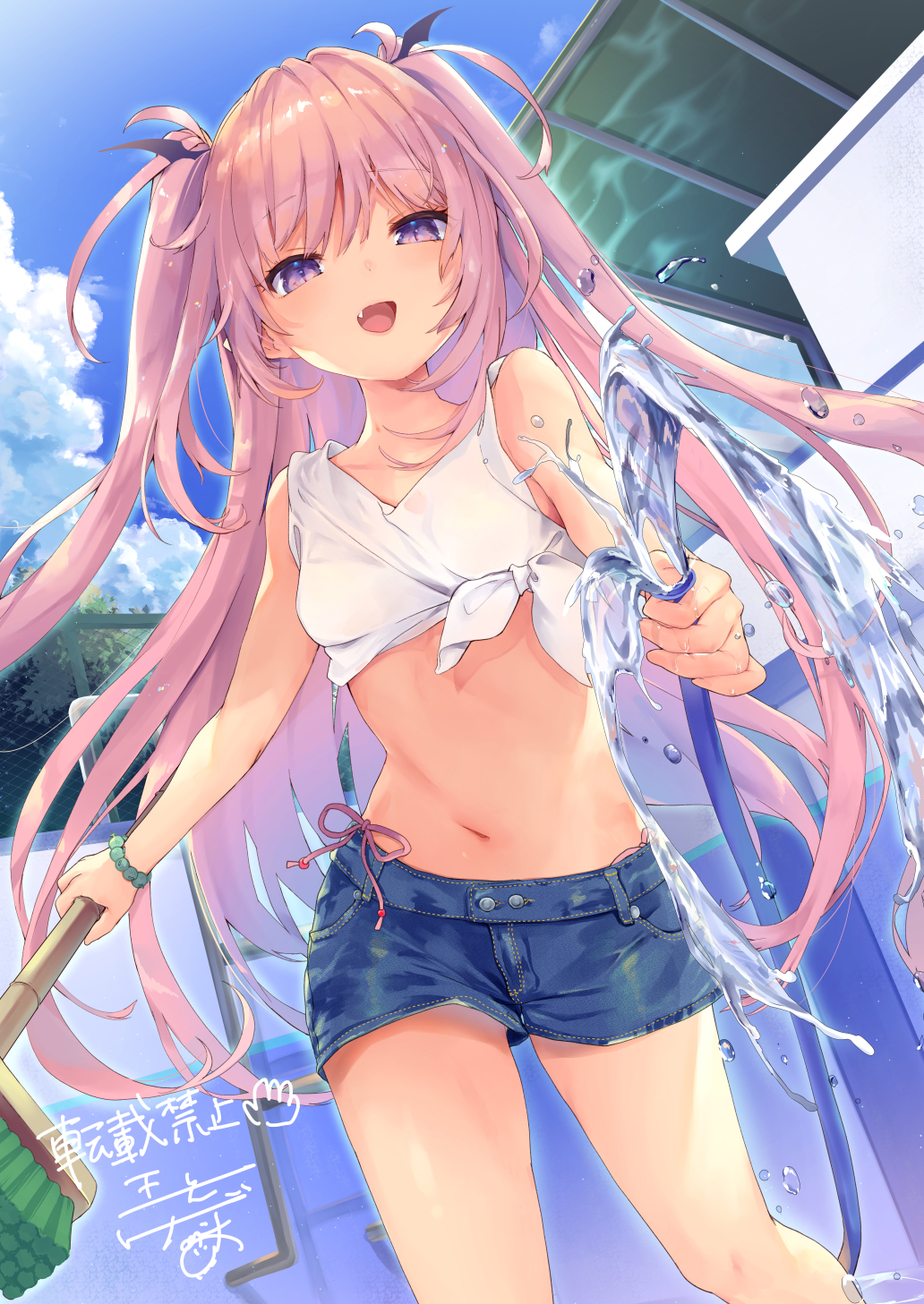 1girl :d bare_arms bare_shoulders bead_bracelet beads bikini blue_shorts bracelet breasts clouds cowboy_shot crop_top day denim denim_shorts fanbox_reward fang front-tie_top highres holding hose jewelry kedama_milk long_hair looking_at_viewer midriff mop navel open_mouth original outdoors paid_reward pink_hair sakyumama_(kedama_milk) shirt short_shorts shorts side-tie_bikini sleeveless sleeveless_shirt slit_pupils small_breasts smile solo standing stomach sunlight swimsuit thighs tied_shirt two_side_up very_long_hair violet_eyes water white_shirt