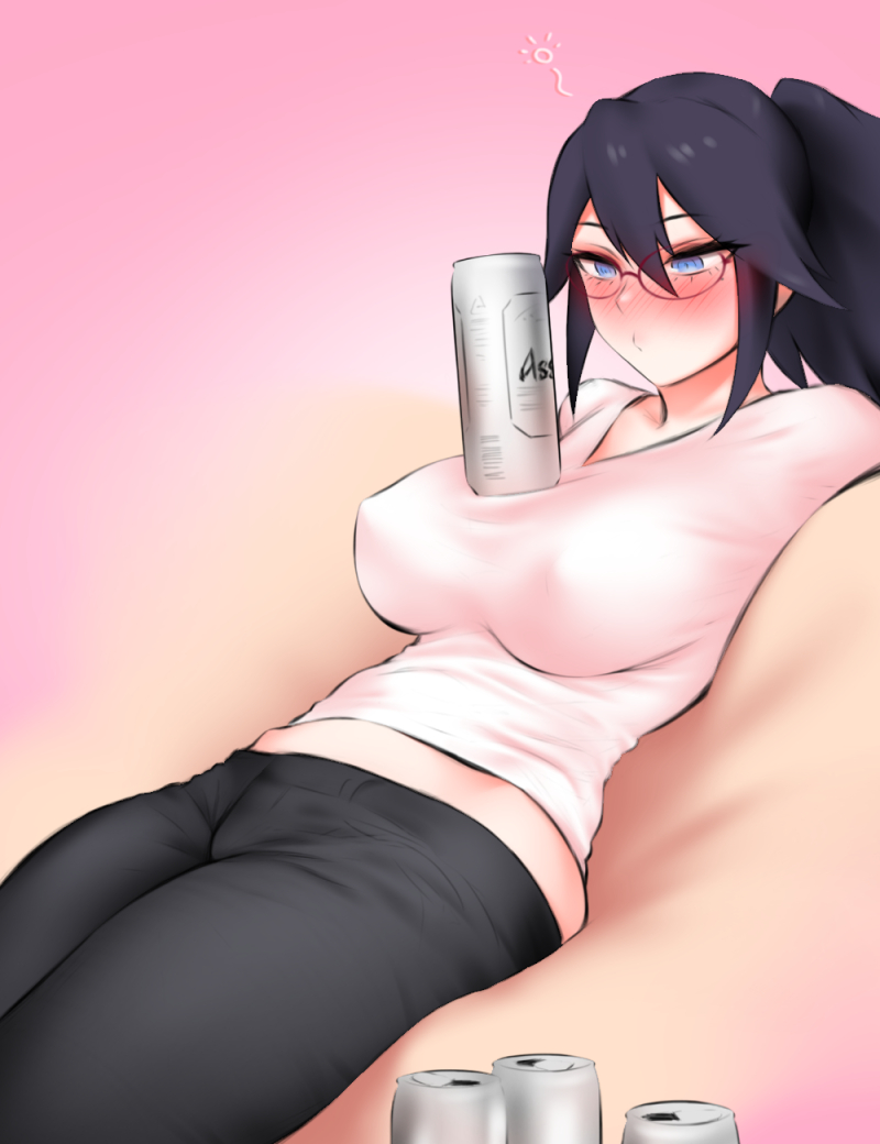 1girl alcohol alternate_costume alternate_hairstyle beer beer_can bespectacled black_hair black_pants blue_eyes blush boku_no_hero_academia breasts can casual commentary drunk eyebrows_visible_through_hair glasses gradient gradient_background hair_between_eyes large_breasts midnight_(boku_no_hero_academia) object_on_breast pants ponytail shirt shpo sidelocks sitting white_shirt