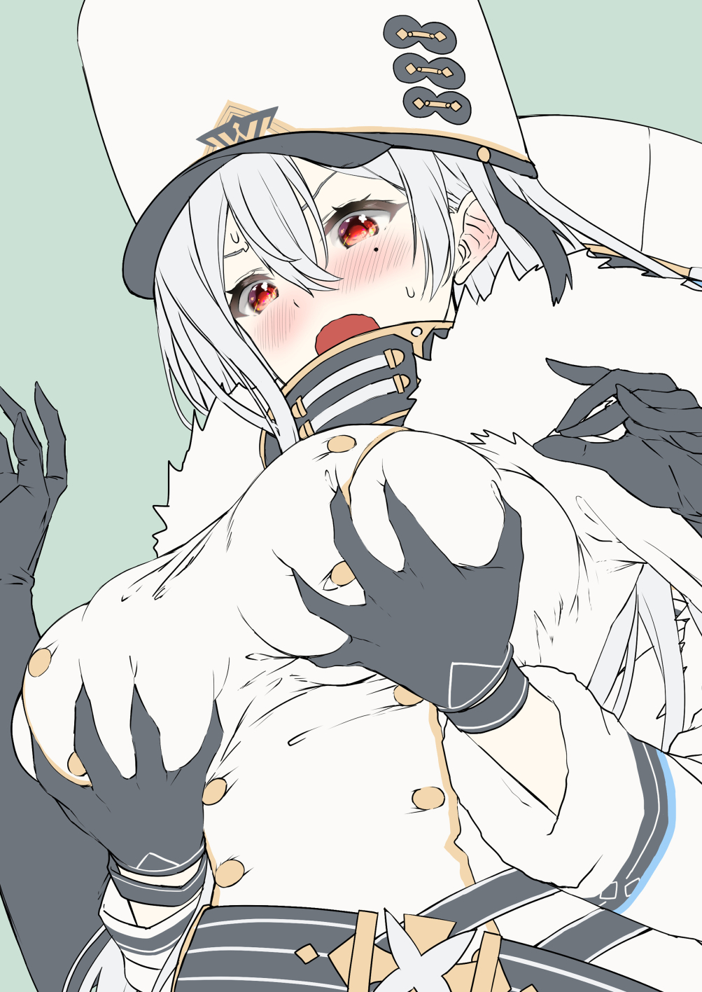 1girl azur_lane bangs black_gloves blush breast_grab breasts chapayev_(azur_lane) coat coat_dress d_kurouri double-breasted from_below fur-trimmed_coat fur_trim gloves grabbing hair_between_eyes hat high_collar highres large_breasts military_hat open_mouth out_of_frame red_eyes silver_hair sovetskaya_rossiya_(azur_lane) sweat white_coat