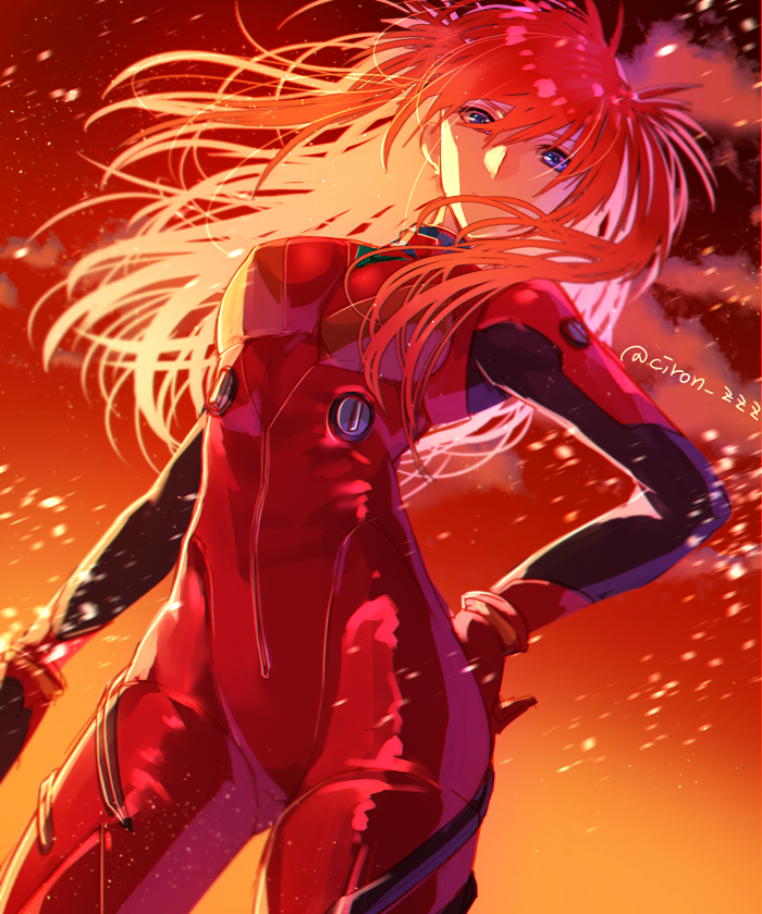 1girl blue_eyes bodysuit cowboy_shot floating_hair gradient gradient_background hair_between_eyes hair_over_mouth hand_on_hip long_hair long_sleeves looking_at_viewer neon_genesis_evangelion orange_hair plugsuit red_bodysuit shiny shiny_hair solo souryuu_asuka_langley standing time-flies twitter_username very_long_hair