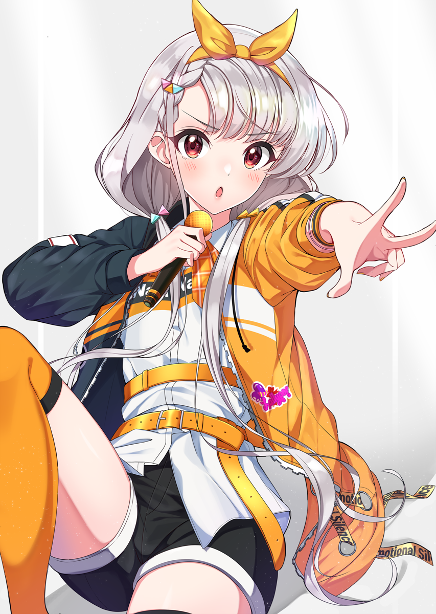 1girl bangs black_jacket black_shorts blush commentary_request eyebrows_visible_through_hair foreshortening grey_hair hair_ornament hair_ribbon highres hisakawa_nagi holding holding_microphone idolmaster idolmaster_cinderella_girls idolmaster_cinderella_girls_starlight_stage jacket knee_up long_hair long_sleeves looking_at_viewer low_twintails microphone open_clothes open_jacket orange_jacket orange_legwear orange_ribbon outstretched_arm parted_lips red_eyes ribbon shirt short_shorts shorts sitting solo sutoroa thigh-highs twintails very_long_hair w white_shirt