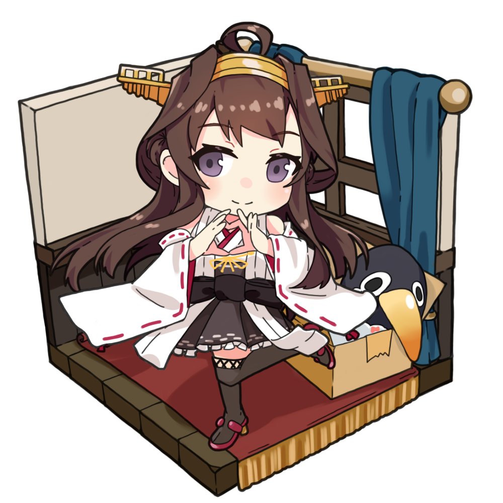 1girl ahoge alakoala boots box brown_hair detached_sleeves double_bun failure_penguin hairband headgear heart heart_hands isometric japanese_clothes kantai_collection kongou_(kantai_collection) long_hair looking_at_viewer ribbon-trimmed_sleeves ribbon_trim simple_background smile solo standing standing_on_one_leg thigh-highs thigh_boots white_background window