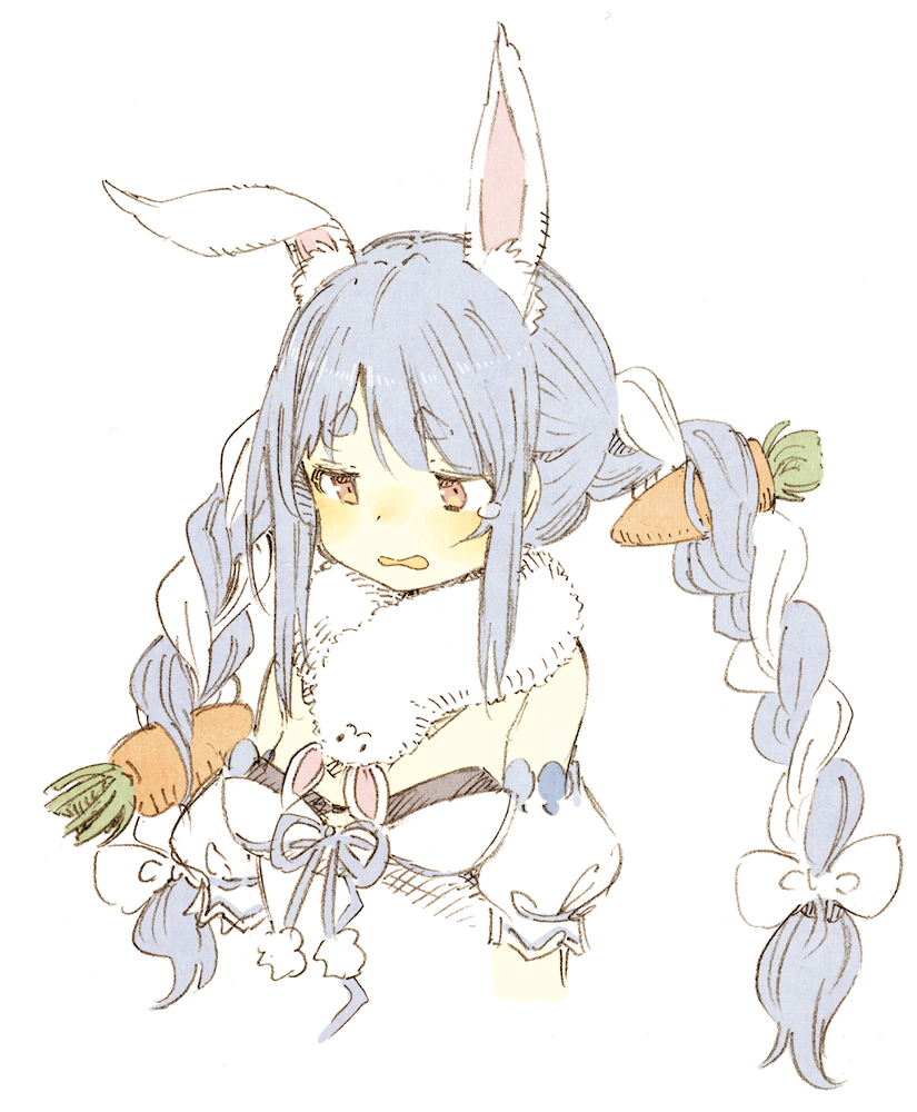 1girl abara_heiki animal_ears arm_cuffs blue_hair blue_neckwear braid breasts carrot carrot_hair_ornament dress eyebrows_visible_through_hair food_themed_hair_ornament fur_scarf hair_ornament hololive long_hair multicolored_hair neck_ribbon off-shoulder_dress off_shoulder rabbit_ears red_eyes ribbon simple_background small_breasts solo tears thick_eyebrows twin_braids twintails two-tone_hair upper_body usada_pekora white_background white_dress white_hair