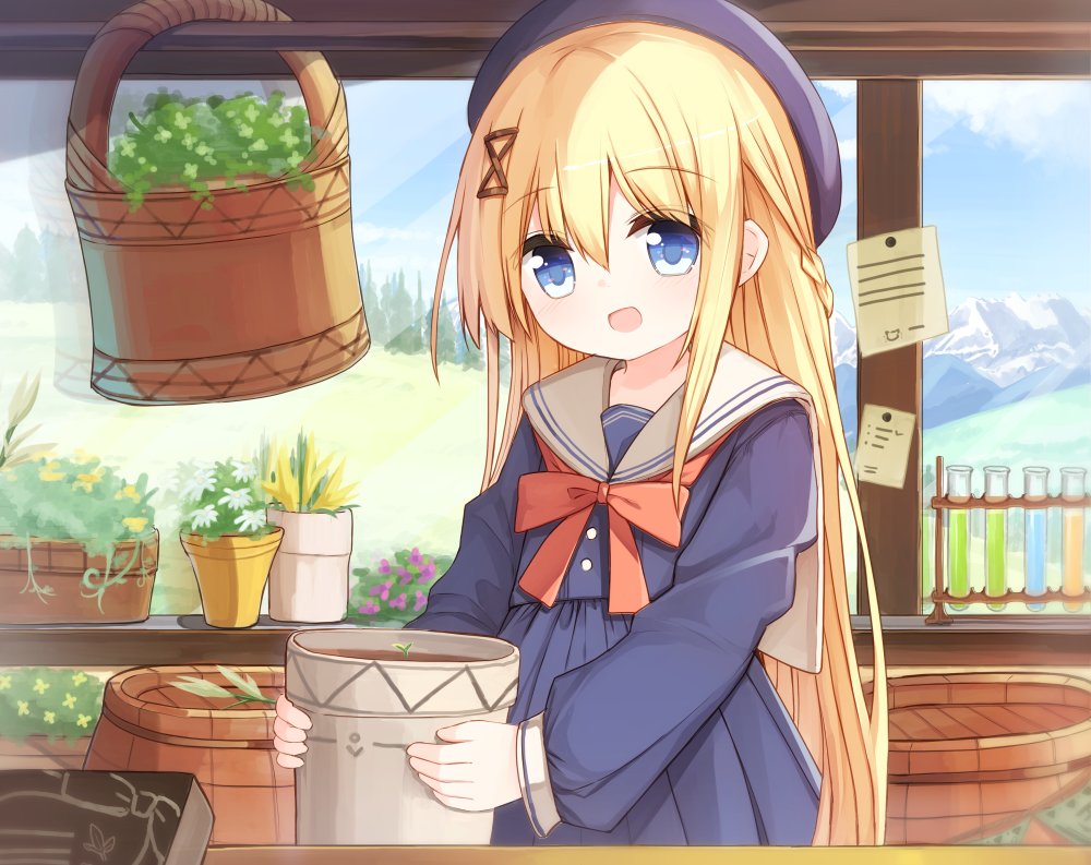1girl :d bangs barrel beret blonde_hair blue_dress blue_eyes blue_headwear blush bow braid commentary_request day dress eyebrows_visible_through_hair flower flower_pot hair_between_eyes hair_ornament hat holding indoors long_hair long_sleeves looking_at_object looking_away open_mouth original plant potted_plant red_bow sailor_collar sailor_dress smile solo sprout very_long_hair vial white_flower white_sailor_collar window yellow_flower yuuhagi_(amaretto-no-natsu)