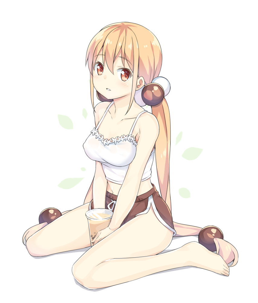 1girl bangs bare_arms bare_shoulders barefoot blonde_hair blush breasts brown_eyes brown_shorts bubble_tea chinese_commentary collarbone commentary_request cup disposable_cup eyebrows_visible_through_hair full_body hair_between_eyes hair_bobbles hair_ornament hatsunatsu long_hair looking_at_viewer low_twintails medium_breasts midriff navel parted_lips shadow short_shorts shorts sidelocks simple_background sitting solo twintails very_long_hair wariza white_background white_camisole xiaoyuan_(you_can_eat_the_girl) you_can_eat_the_girl