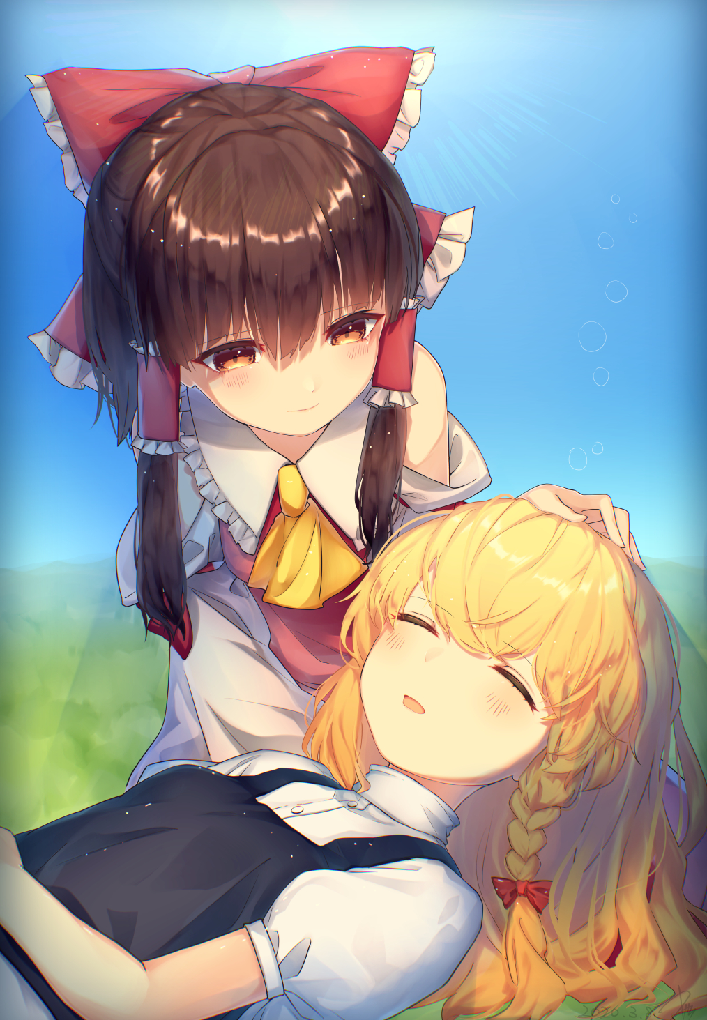 2girls ascot bangs bare_shoulders black_hair black_vest blonde_hair blue_sky blush bow brown_eyes closed_eyes commentary_request day detached_sleeves eyebrows_visible_through_hair frilled_bow frilled_shirt_collar frills grass hair_between_eyes hair_bow hair_tubes hakurei_reimu highres kirisame_marisa kisamu_(ksmz) long_hair long_sleeves looking_at_another multiple_girls no_hat no_headwear open_mouth outdoors puffy_short_sleeves puffy_sleeves red_bow shirt short_sleeves sidelocks sky smile touhou upper_body vest white_shirt yellow_neckwear