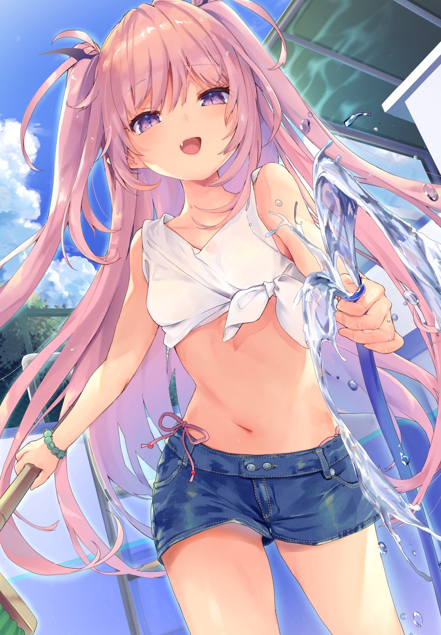 1girl :d bare_arms bare_shoulders bead_bracelet beads blue_shorts bracelet breasts clouds cowboy_shot crop_top day denim denim_shorts fang front-tie_top highres holding hose jewelry kedama_milk long_hair looking_at_viewer midriff mop navel open_mouth original outdoors pink_hair sakyumama_(kedama_milk) shirt short_shorts shorts sleeveless sleeveless_shirt slit_pupils small_breasts smile solo standing stomach sunlight thighs two_side_up very_long_hair violet_eyes water white_shirt