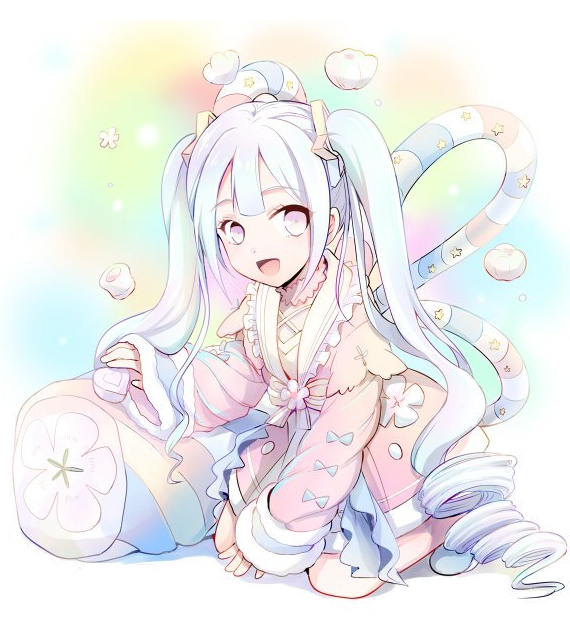 1girl blue_hair choker coat dress food food_fantasy hair_ornament long_hair marshmallow marshmallow_(food_fantasy) pillow smile solo star star_hair_ornament twintails violet_eyes