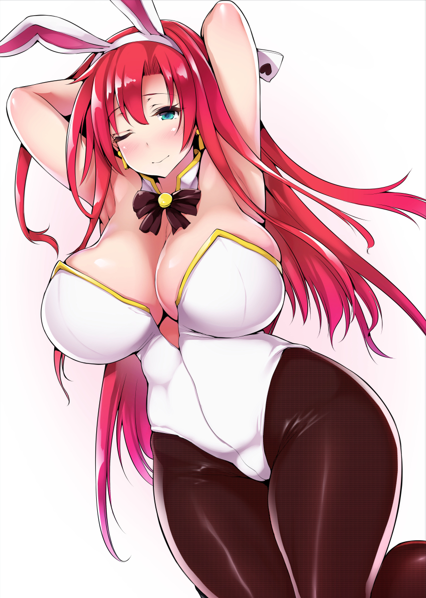 1girl animal_ears aqua_eyes armpits arms_behind_head arms_up bangs bare_shoulders black_legwear black_neckwear blush boudica_(fate/grand_order) bow bowtie breasts closed_mouth detached_collar earrings fate/grand_order fate_(series) hairband huge_breasts jewelry leotard long_hair looking_at_viewer one_eye_closed oohira_sunset pantyhose rabbit_ears simple_background solo thick_thighs thighs white_background white_leotard