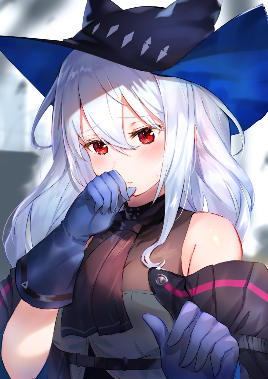 1girl arknights bangs bare_shoulders black_headwear black_neckwear blue_gloves blurry blurry_background blush breasts commentary_request depth_of_field dress eyebrows_visible_through_hair gloves grey_dress hair_between_eyes hands_up hat highres long_hair medium_breasts omelet_tomato parted_lips red_eyes see-through silver_hair skadi_(arknights) sleeveless sleeveless_dress solo sweat