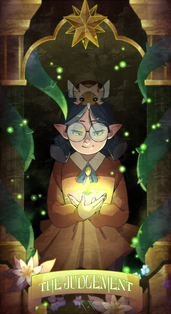1girl animal_on_head dark_background dress glasses glowing green_eyes light_particles low_twintails omy-chan on_head plant pointy_ears round_eyewear smile tarot the_owl_house twintails vines willow_park