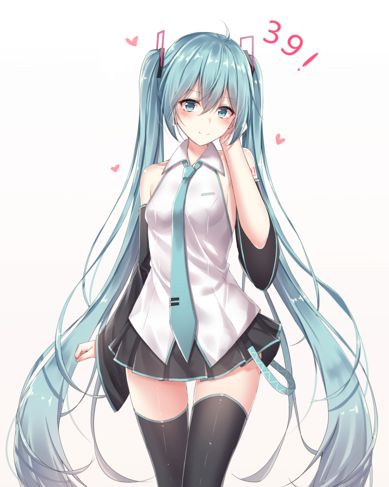 1girl 39 ahoge akira_(been0328) black_legwear black_skirt black_sleeves blue_eyes blue_hair blue_neckwear blush breasts closed_mouth collared_shirt commentary_request detached_sleeves gradient gradient_background grey_background hair_ornament hand_up hatsune_miku heart long_sleeves looking_at_viewer necktie pleated_skirt shirt sidelocks skirt sleeveless sleeveless_shirt small_breasts smile solo thigh-highs tie_clip twintails vocaloid white_background white_shirt wide_sleeves