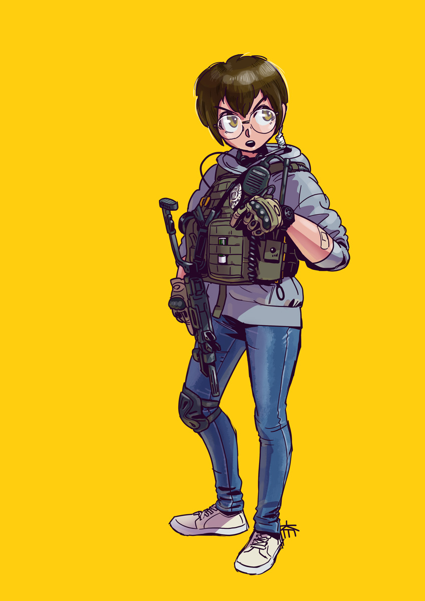 1girl badge bandaid brown_hair commentary_request denim earpiece glasses gloves gun highres holding holding_gun holding_weapon hood hoodie jeans load_bearing_vest original pants partial_commentary round_eyewear short_hair simple_background single_knee_pad solo submachine_gun watch watch weapon yellow_background yellow_eyes yoh_(yoh_ill)