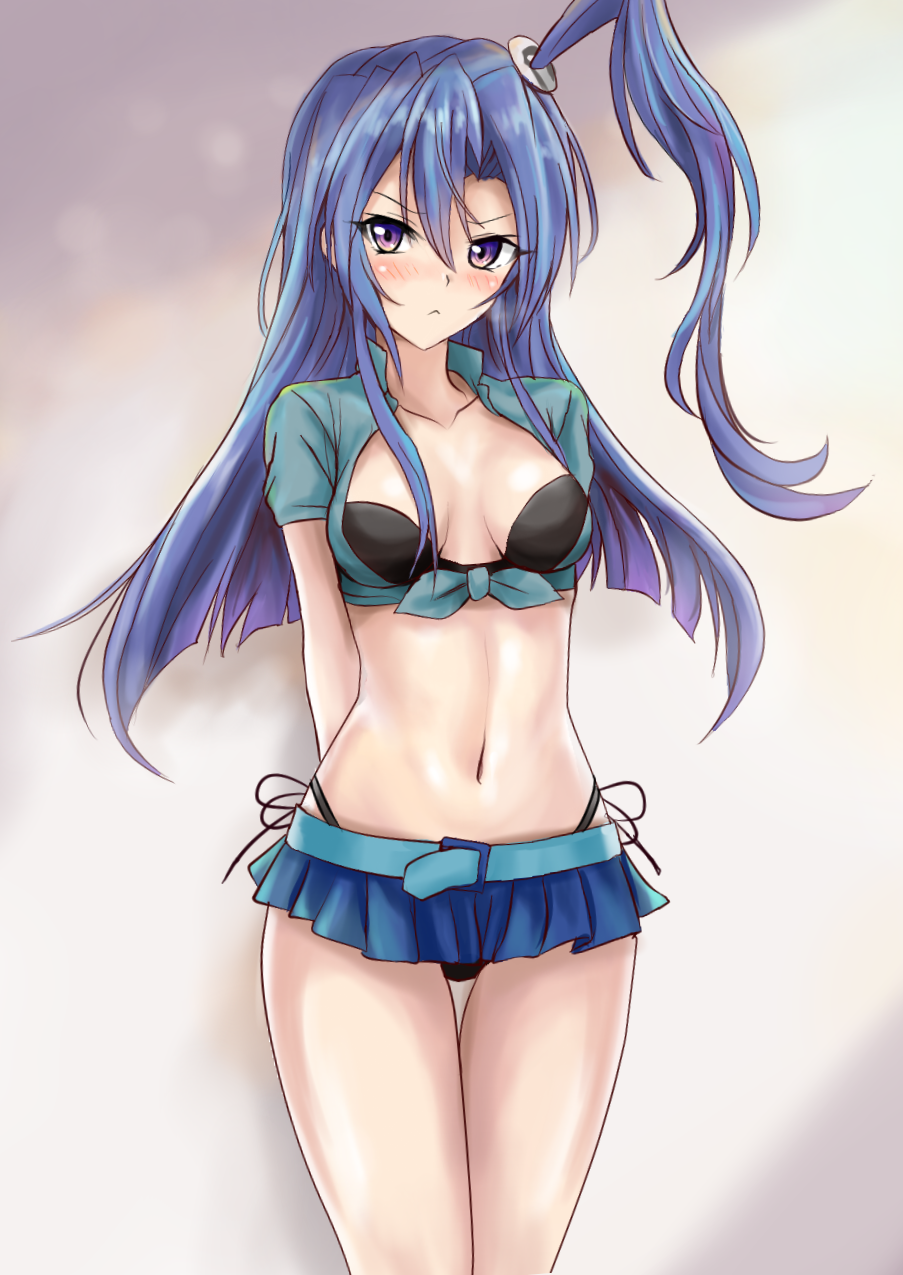 1girl black_bra black_panties blue_eyes blue_hair blue_skirt blush bra breasts closed_mouth collarbone eyebrows_visible_through_hair feet_out_of_frame green_shirt highres kazanari_tsubasa long_hair looking_at_viewer microskirt navel open_clothes open_shirt panties r-binon senki_zesshou_symphogear shiny shiny_hair shiny_skin shirt side-tie_panties simple_background skirt small_breasts solo standing underwear white_background