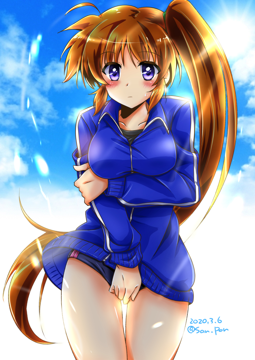 1girl artist_name blue_track_suit blush breast_hold breasts brown_hair buruma clouds cloudy_sky collarbone commentary_request dated eyebrows_visible_through_hair hair_between_eyes highres light_rays long_hair looking_at_viewer lyrical_nanoha medium_breasts san-pon side_ponytail sidelocks sky solo sun sweatdrop takamachi_nanoha track_suit very_long_hair violet_eyes
