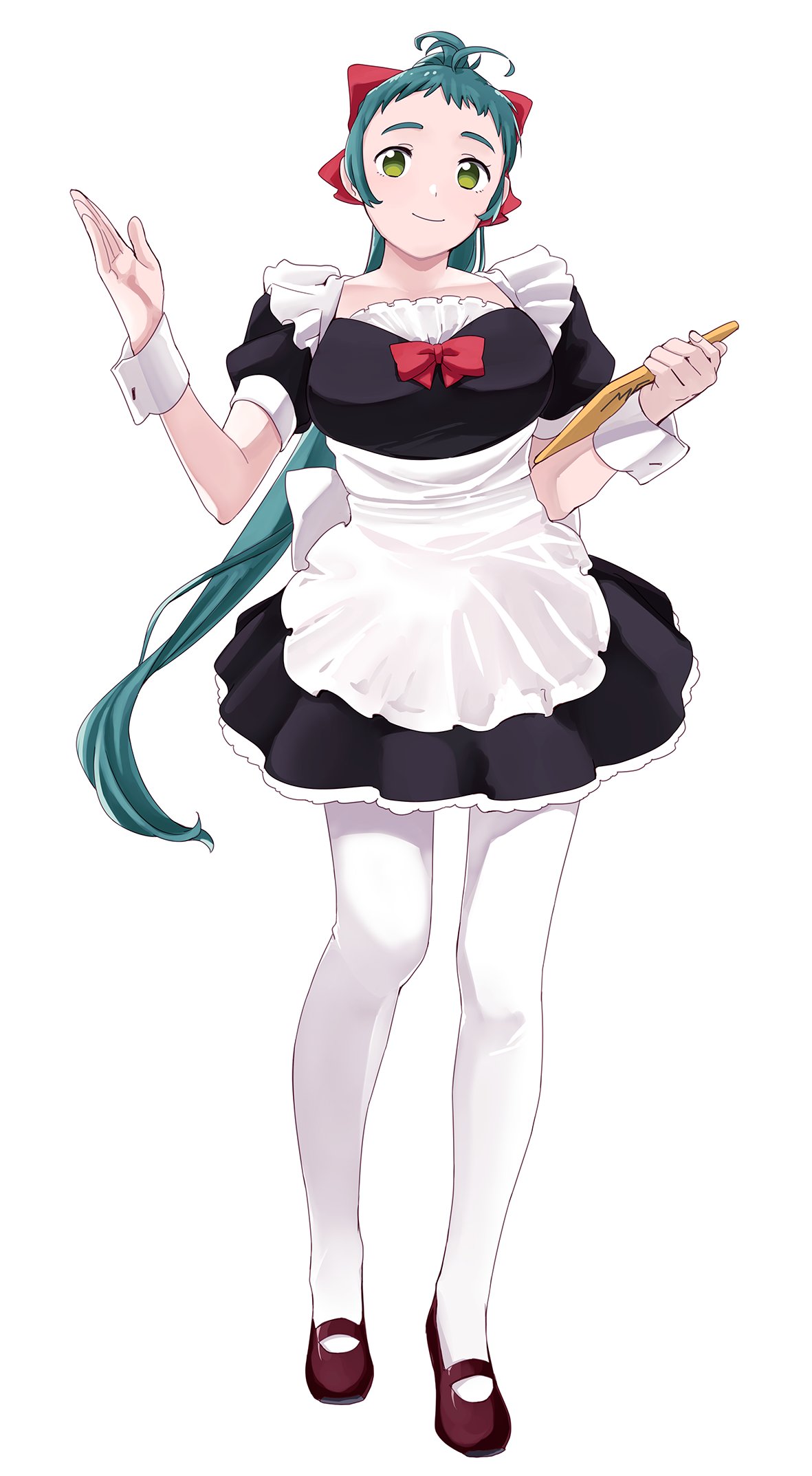1girl alternate_costume apron black_dress breasts brown_footwear clipboard dress frilled_apron frills full_body green_eyes green_hair highres irako_(kantai_collection) kantai_collection large_breasts long_hair looking_at_viewer mary_janes ojipon pantyhose ponytail shoes simple_background smile solo standing white_apron white_background white_legwear wrist_cuffs