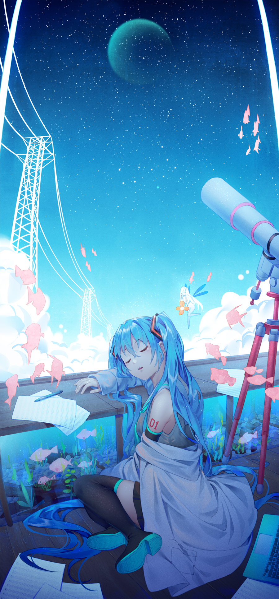 1girl blue_hair boots closed_eyes fish_tank hatsune_miku highres ji_dao_ji long_hair power_lines sheet_music sky sleeping solo star_(sky) starry_sky telescope thigh-highs thigh_boots vocaloid