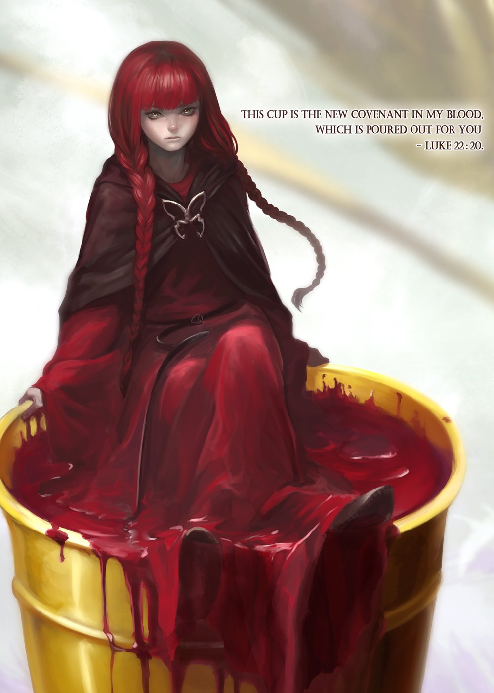 1girl bangs bible_verse blood blunt_bangs braid brooch butterfly_brooch capelet cup dress english_text fata_morgana_no_yakata highres in_container in_cup jewelry long_hair long_sleeves looking_at_viewer morgana_(fata_morgana_no_yakata) moyatarou official_art red_dress redhead solo twin_braids yellow_eyes